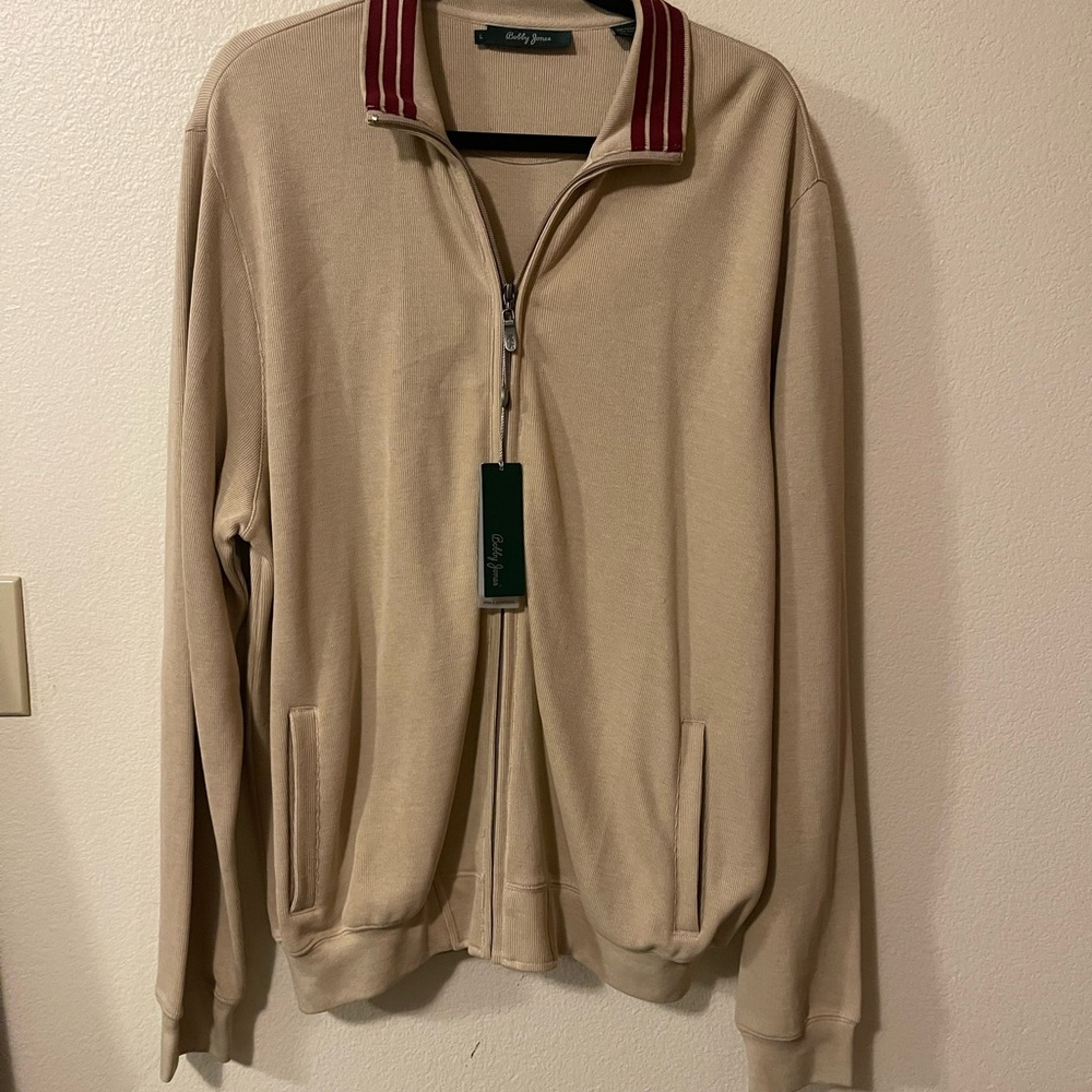 Bobby Jones Pima Cotton Beige Zip-Up Sweater with Red Collar